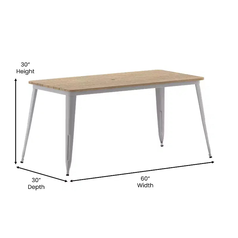 Table à manger d'intérieur/extérieur Merrick Lane avec trou pour parasol, plateau en polyrésine tout temps 30 x 60 et base en acier