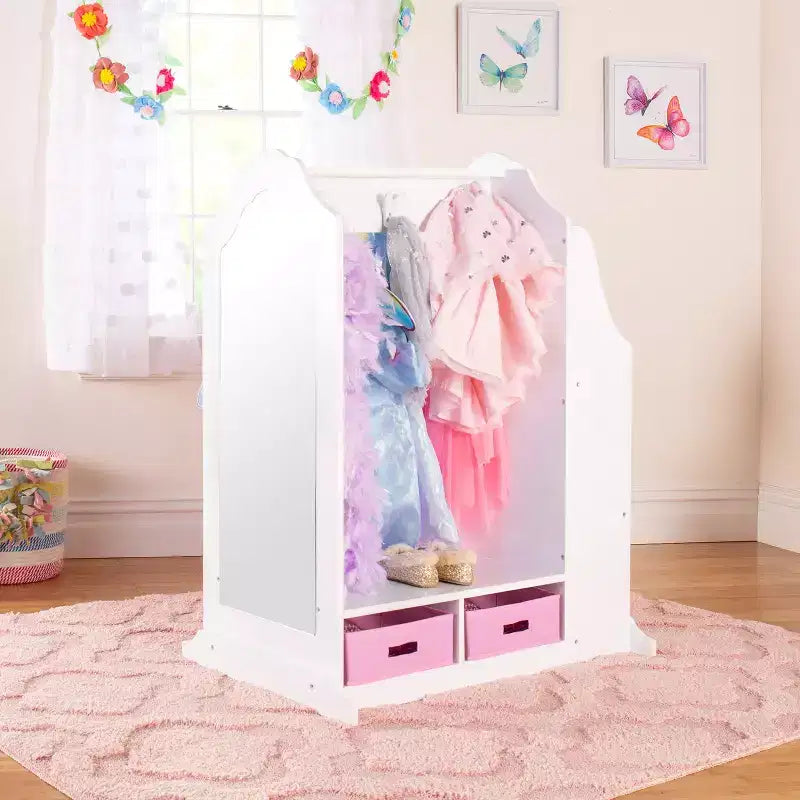 Coiffeuse pour enfants Guidecraft - Blanc : Organisateur de placard pour enfants, armoire à déguisements et portemanteau avec miroirs et bacs de rangement