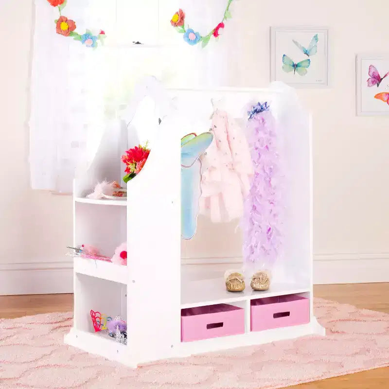 Coiffeuse pour enfants Guidecraft - Blanc : Organisateur de placard pour enfants, armoire à déguisements et portemanteau avec miroirs et bacs de rangement