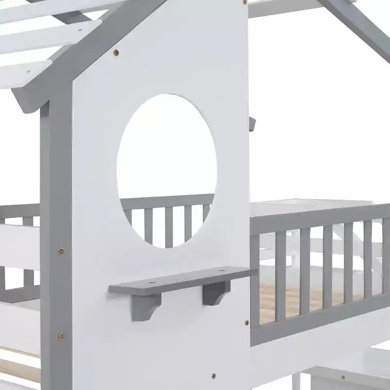 Lit superposé double (2 places) en forme de maison avec escalier de rangement - ModernLuxe