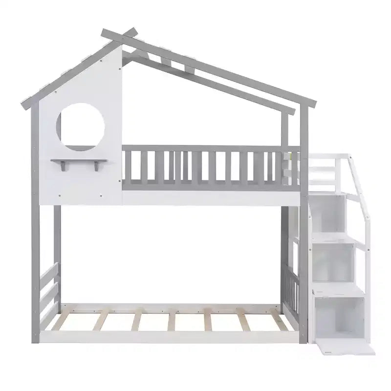 Lit superposé double (2 places) en forme de maison avec escalier de rangement - ModernLuxe