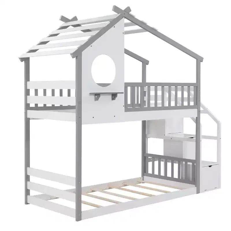 Lit superposé double (2 places) en forme de maison avec escalier de rangement - ModernLuxe