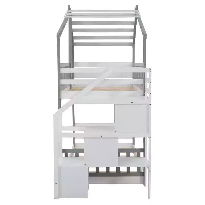 Lit superposé double (2 places) en forme de maison avec escalier de rangement - ModernLuxe