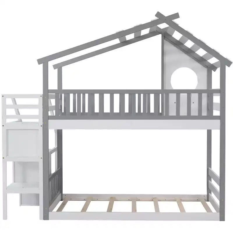 Lit superposé double (2 places) en forme de maison avec escalier de rangement - ModernLuxe