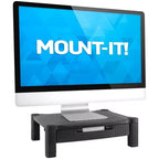 Support d'écran Mount-It! avec tiroir | Support d'écran réglable en hauteur avec rangement coulissant à trois niveaux | Rehausseur pour écran d'ordinateur, imprimante ou ordinateur portable