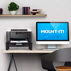 Support d'écran Mount-It! avec tiroir | Support d'écran réglable en hauteur avec rangement coulissant à trois niveaux | Rehausseur pour écran d'ordinateur, imprimante ou ordinateur portable
