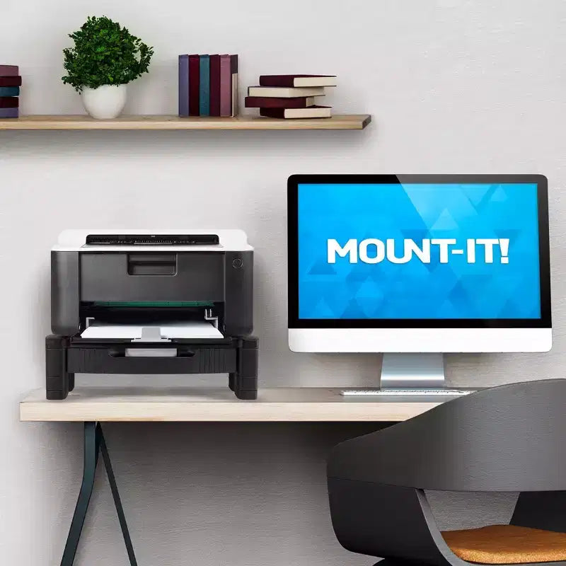 Support d'écran Mount-It! avec tiroir | Support d'écran réglable en hauteur avec rangement coulissant à trois niveaux | Rehausseur pour écran d'ordinateur, imprimante ou ordinateur portable