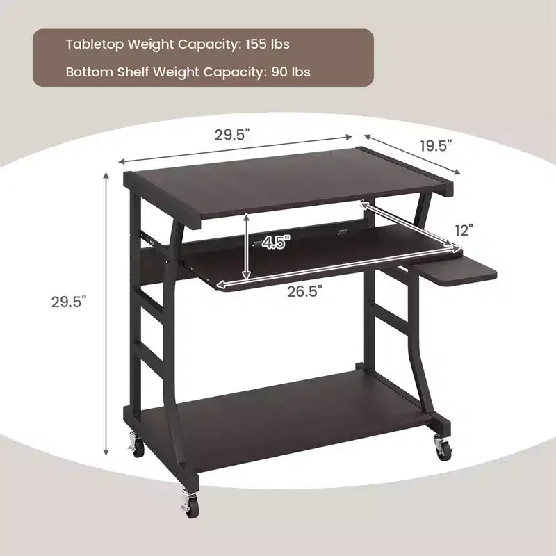 Costway Bureau Informatique Mobile 75 cm Chariot Ordinateur Portable Roulant avec Plateau de Clavier Coulissant et Étagère