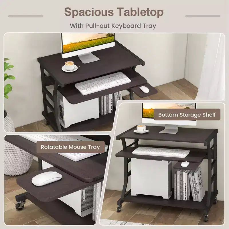 Costway Bureau Informatique Mobile 75 cm Chariot Ordinateur Portable Roulant avec Plateau de Clavier Coulissant et Étagère