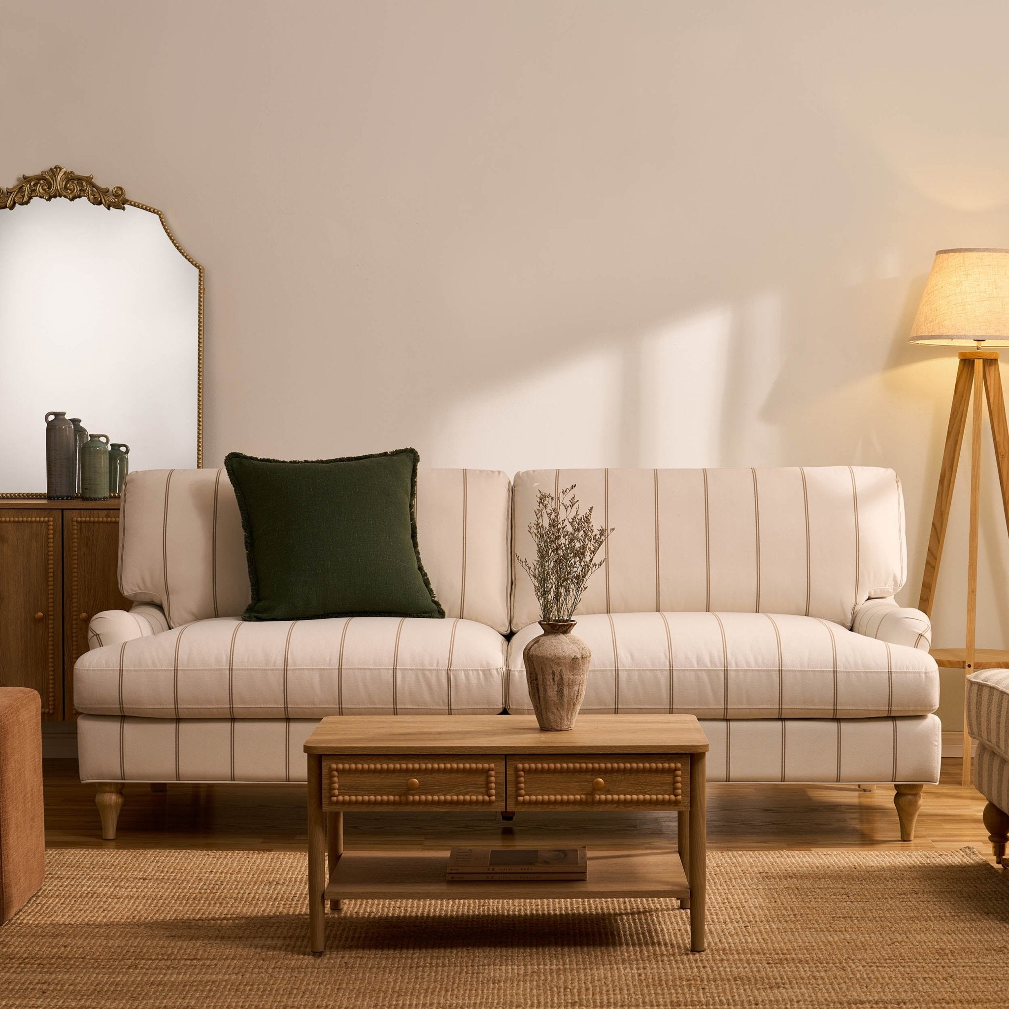 Three-seater sofa - pinstriped natural color - This three-seater sofa is simple yet stunning.